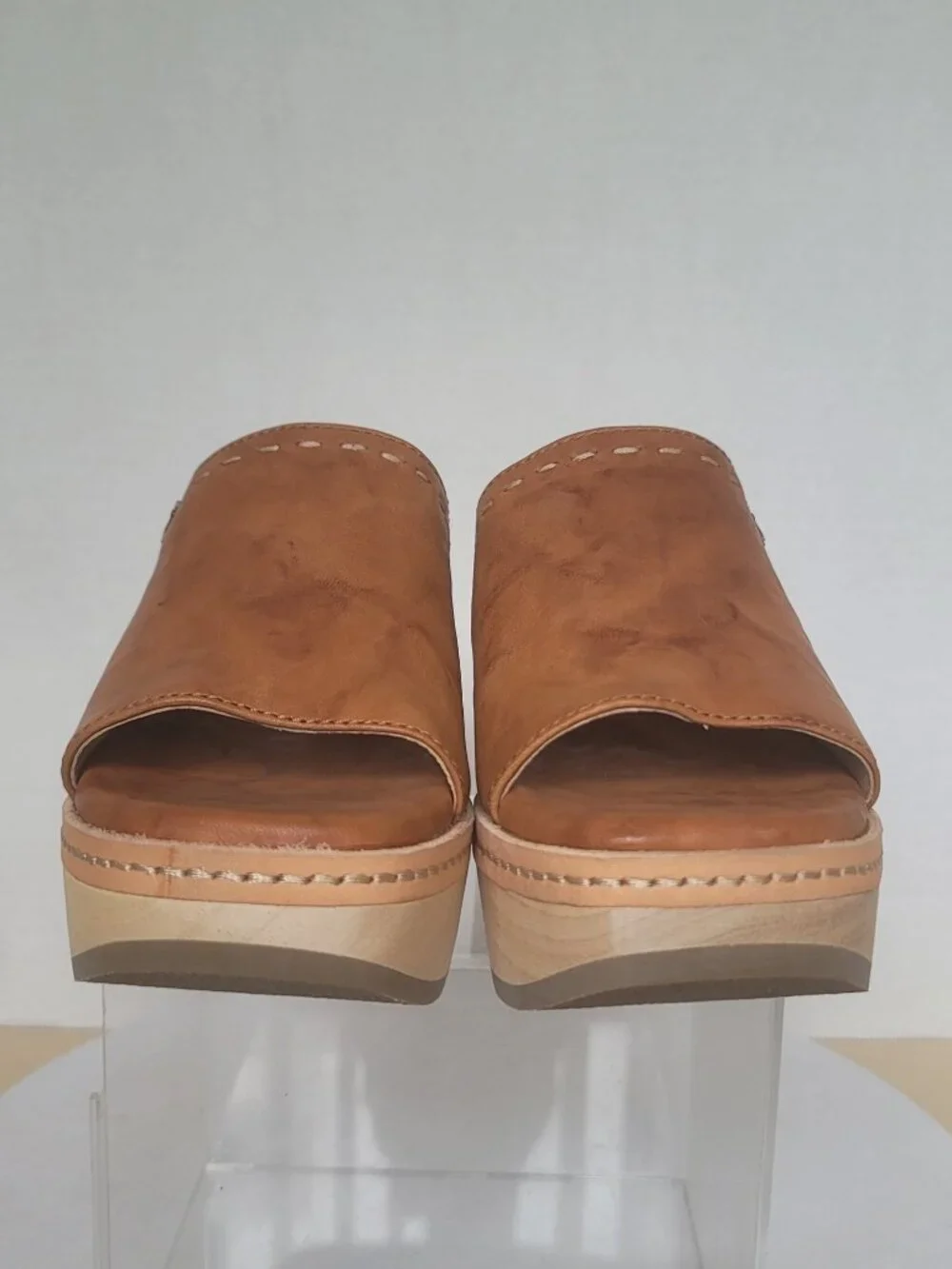 Frye Hazel Tan Leather Wood Platform Clogs Boho Mule Slide Sandal 70s Size 6M